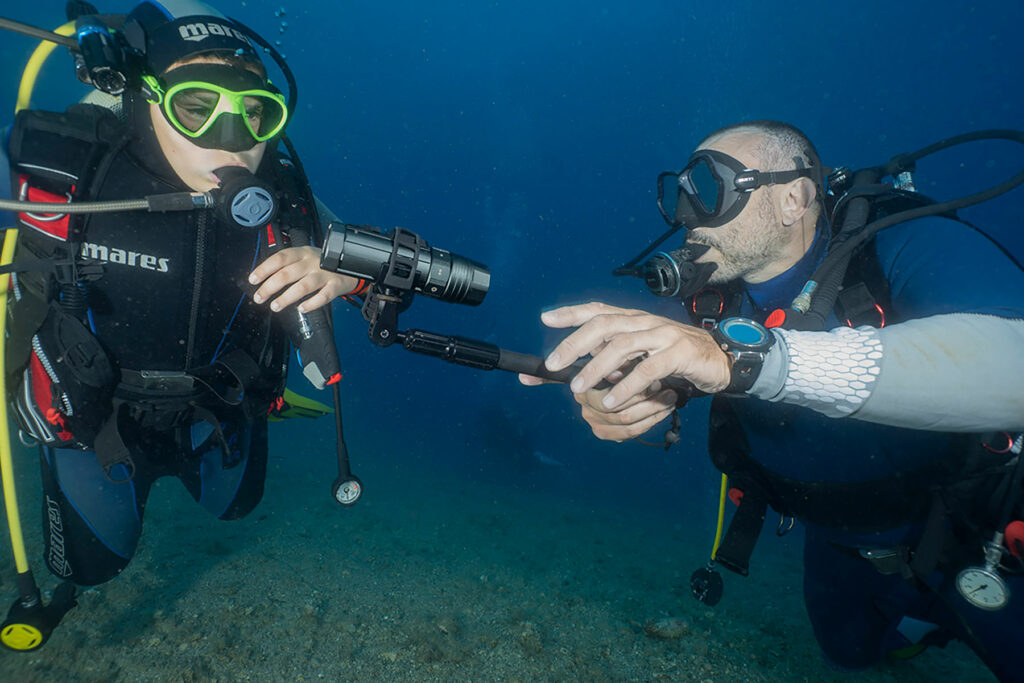 marco daturi and Lupo testing Paralenz underwater